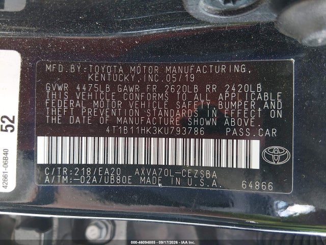 Aukcja sprzedaży 2019 Toyota Camry Se, vin: 4T1B11HK3KU793786, numer aukcji: 46094885