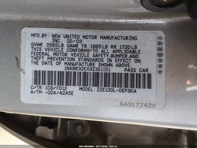 2003 Toyota Corolla S მანქანა იყიდება აუქციონზე, vin: 1NXBR32EX3Z161151, აუქციონის ნომერი: 46094884