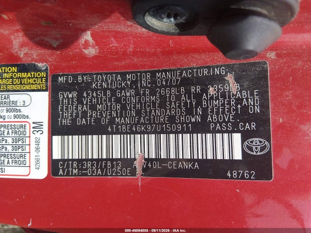 Продажа на аукционе авто 2007 Toyota Camry Le, vin: 4T1BE46K97U150911, номер лота: 46094888