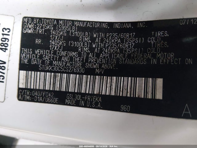 Aukcja sprzedaży 2012 Toyota Sienna Le V6 8 Passenger, vin: 5TDKK3DC5CS276930, numer aukcji: 46094899
