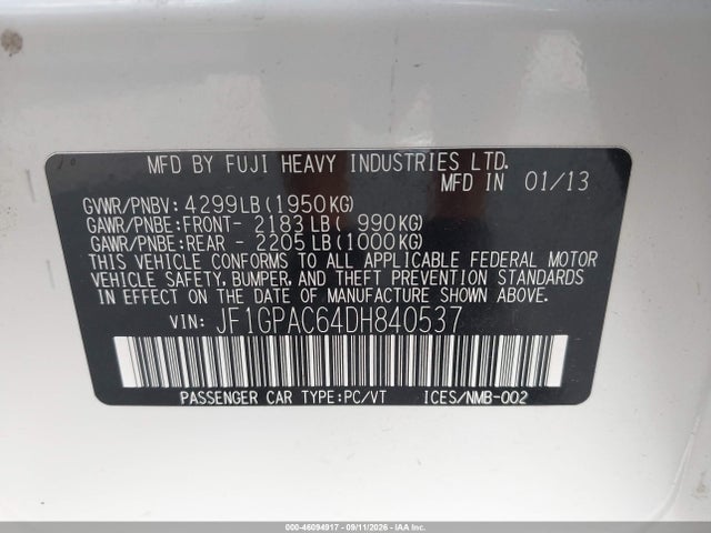 Auction sale of the 2013 Subaru Impreza 2.0i Premium, vin: JF1GPAC64DH840537, lot number: 46094917