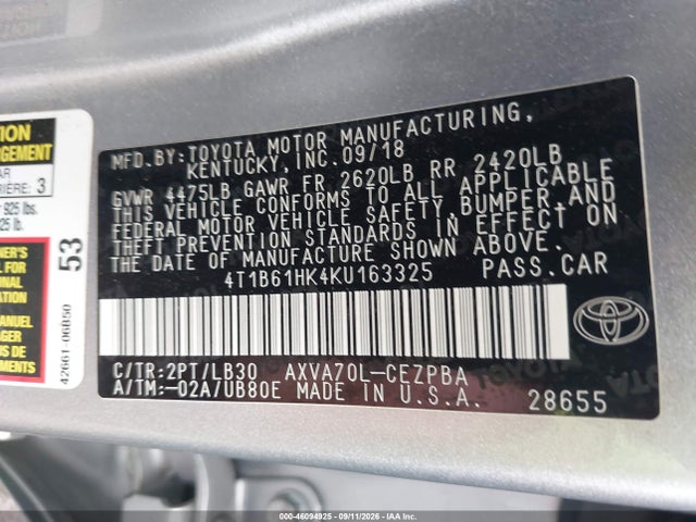 Продаж на аукціоні авто 2019 Toyota Camry Xse, vin: 4T1B61HK4KU163325, номер лоту: 46094925