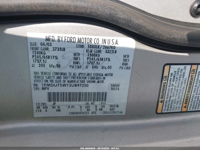 46094930 :رقم المزاد ، 1FMDU75W13UB97250 vin ، 2003 Ford Explorer Limited مزاد بيع