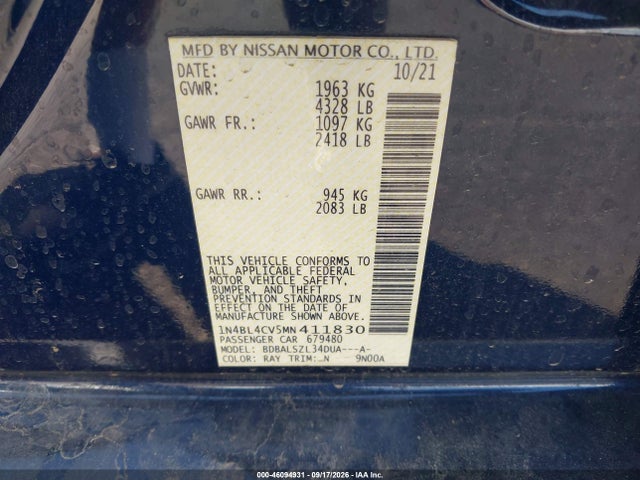 Продаж на аукціоні авто 2021 Nissan Altima Sr Fwd, vin: 1N4BL4CV5MN411830, номер лоту: 46094931