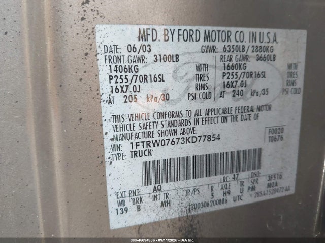 Продажа на аукционе авто 2003 Ford F-150 Lariat/xlt, vin: 1FTRW07673KD77854, номер лота: 46094936