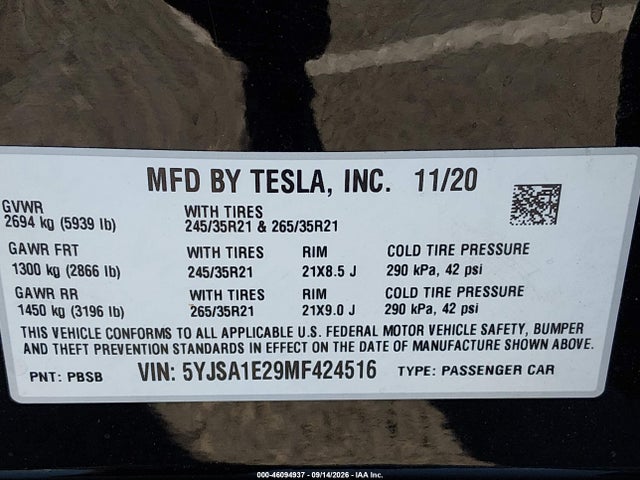 Продаж на аукціоні авто 2021 Tesla Model S Long Range Dual Motor All-wheel Drive/long Range Plus Dual Motor All-wheel Drive, vin: 5YJSA1E29MF424516, номер лоту: 46094937