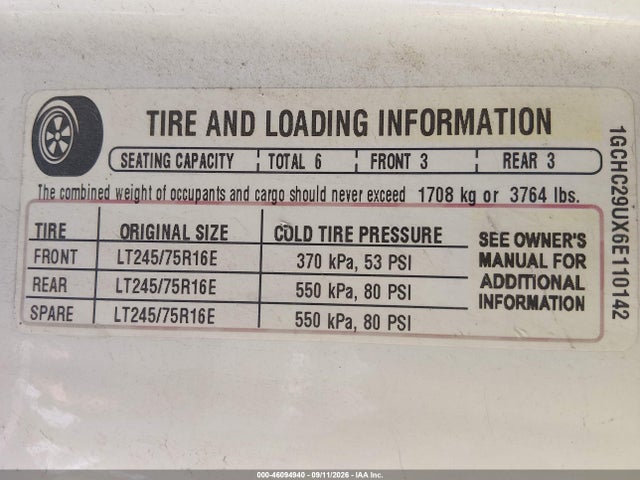 46094940 :رقم المزاد ، 1GCHC29UX6E110142 vin ، 2006 Chevrolet Silverado 2500hd Work Truck مزاد بيع
