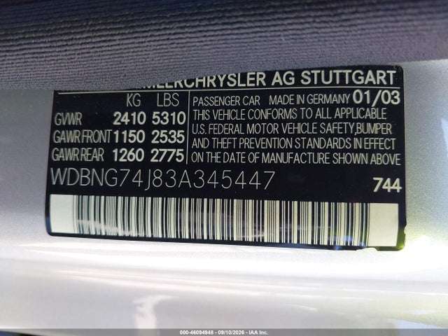 46094948 :رقم المزاد ، WDBNG74J83A345447 vin ، 2003 Mercedes-benz S 55 Amg مزاد بيع