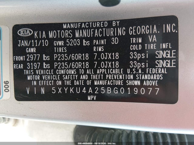 Продажа на аукционе авто 2011 Kia Sorento Ex V6, vin: 5XYKU4A25BG019077, номер лота: 46094950