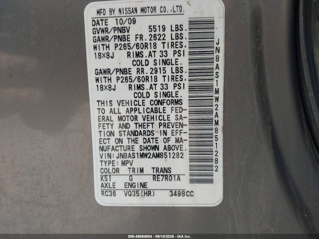 Продажа на аукционе авто 2010 Infiniti Fx35, vin: JN8AS1MW2AM851282, номер лота: 46094954