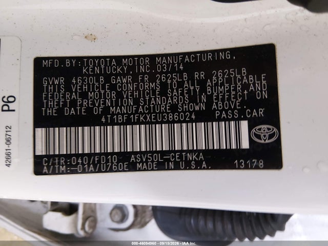 46094960 :رقم المزاد ، 4T1BF1FKXEU386024 vin ، 2014 Toyota Camry Le مزاد بيع