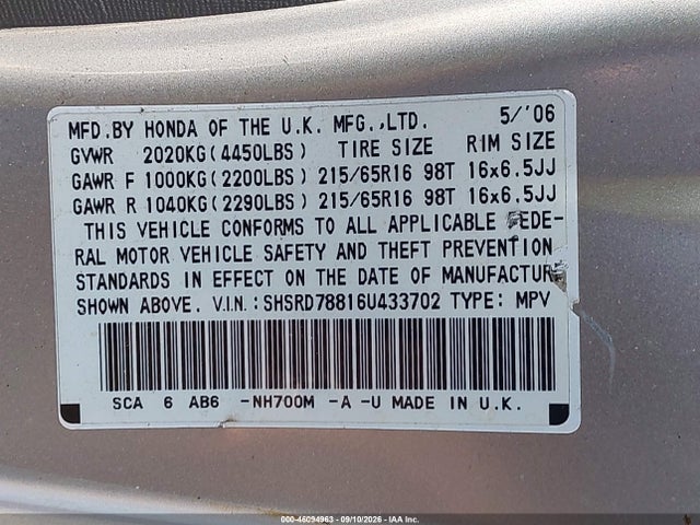 Продажа на аукционе авто 2006 Honda Cr-v Ex, vin: SHSRD78816U433702, номер лота: 46094963