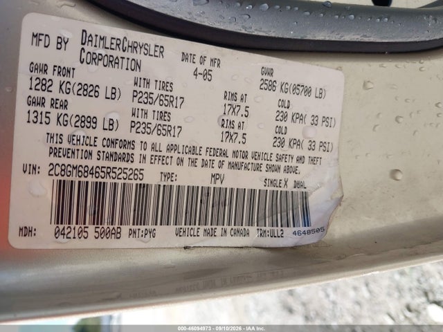 2005 Chrysler Pacifica Touring მანქანა იყიდება აუქციონზე, vin: 2C8GM68465R525265, აუქციონის ნომერი: 46094973
