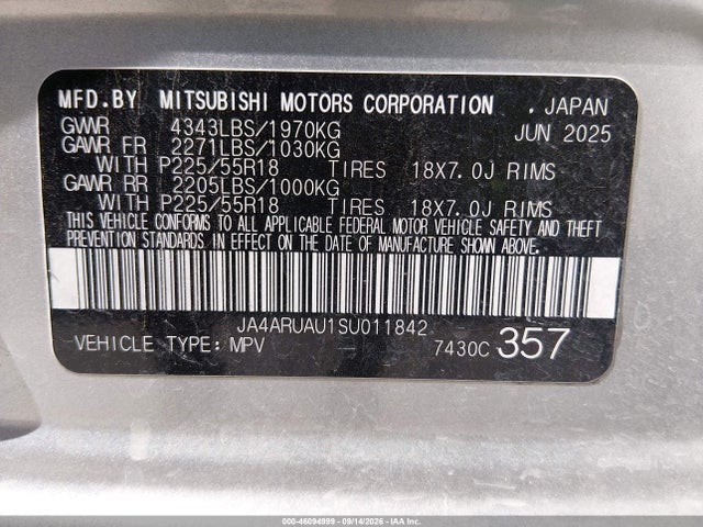 46094999 :رقم المزاد ، JA4ARUAU1SU011842 vin ، 2025 Mitsubishi Outlander Sport 2.0 Es Awc/2.0 Le Awc/2.0 S Awc/2.0 Se Awc/2.0 Trail Edition Awc مزاد بيع