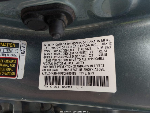 Продаж на аукціоні авто 2012 Honda Cr-v Ex-l, vin: 2HKRM4H78CH619182, номер лоту: 46095001