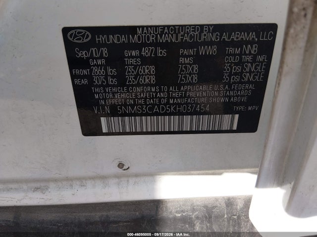 Aukcja sprzedaży 2019 Hyundai Santa Fe Sel Plus, vin: 5NMS3CAD5KH037454, numer aukcji: 46095005