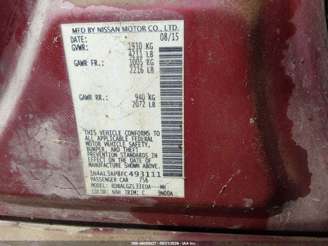 Продажа на аукционе авто 2015 Nissan Altima 2.5 S, vin: 1N4AL3AP8FC493111, номер лота: 46095027