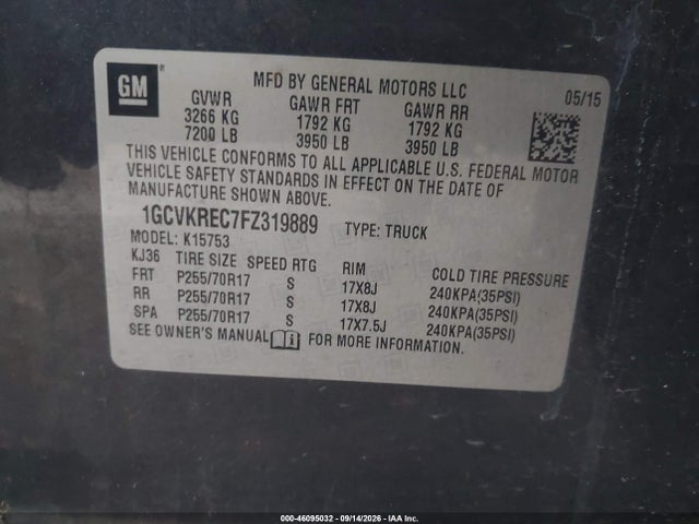 Aukcja sprzedaży 2015 Chevrolet Silverado 1500 1lt, vin: 1GCVKREC7FZ319889, numer aukcji: 46095032