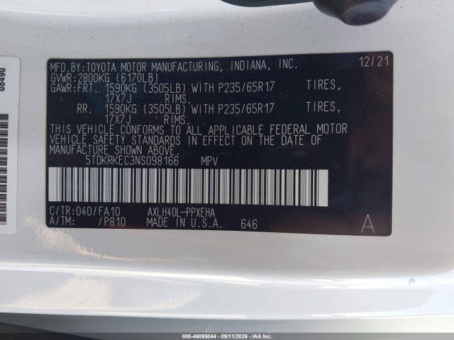 Toyota SIENNA LE 2022 5TDKRKEC3NS098166 Image 9