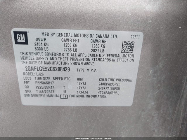 Aukcja sprzedaży 2012 Chevrolet Equinox Ltz, vin: 2GNFLGE52C6208429, numer aukcji: 46095053