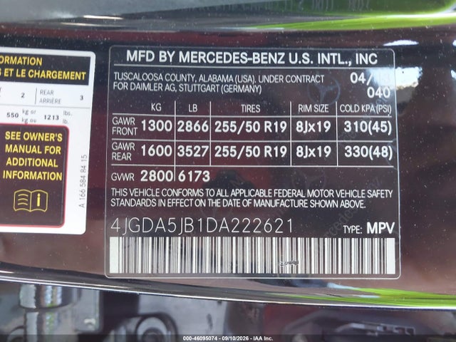 46095074 :رقم المزاد ، 4JGDA5JB1DA222621 vin ، 2013 Mercedes-benz Ml 350 مزاد بيع