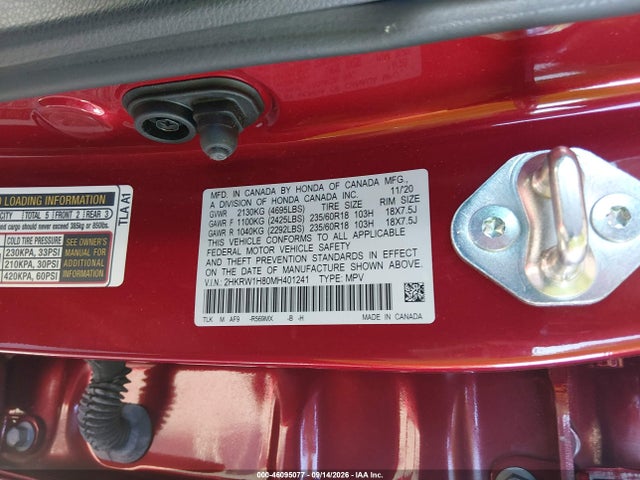 2021 Honda Cr-v 2wd Ex-l მანქანა იყიდება აუქციონზე, vin: 2HKRW1H80MH401241, აუქციონის ნომერი: 46095077
