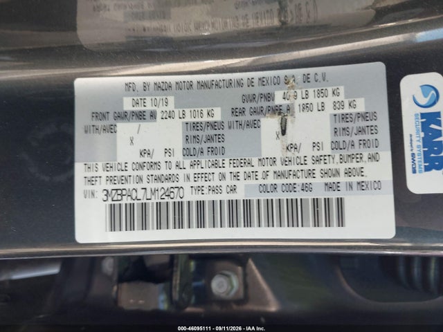 Aukcja sprzedaży 2020 Mazda Mazda3 Select Package, vin: 3MZBPACL7LM124670, numer aukcji: 46095111