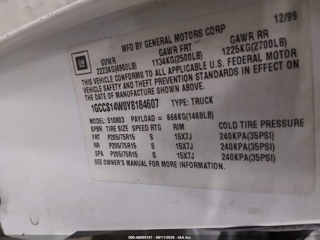 2000 Chevrolet S-10 მანქანა იყიდება აუქციონზე, vin: 1GCCS14W0Y8184607, აუქციონის ნომერი: 46095157