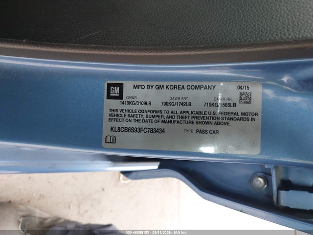 Продаж на аукціоні авто 2015 Chevrolet Spark Ls Cvt, vin: KL8CB6S93FC783434, номер лоту: 46095182