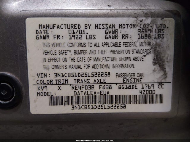 Продаж на аукціоні авто 2005 Nissan Sentra 1.8s, vin: 3N1CB51D25L522258, номер лоту: 46095185