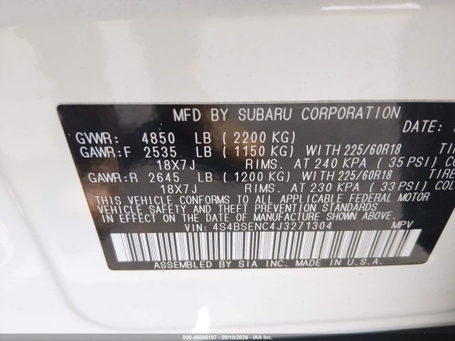 Aukcja sprzedaży 2018 Subaru Outback 3.6r Limited, vin: 4S4BSENC4J3271304, numer aukcji: 46095197