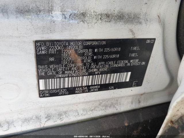 46095198 :رقم المزاد ، JTMB6RFV7ND533106 vin ، 2022 Toyota Rav4 Hybrid Xle Premium مزاد بيع