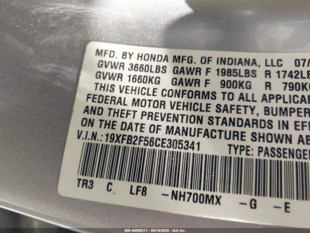 46095211 :رقم المزاد ، 19XFB2F56CE305341 vin ، 2012 Honda Civic Lx مزاد بيع