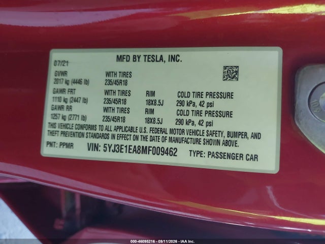 Tesla Model 3 Standard Range Plus Rear-wheel Drive 2021 5YJ3E1EA8MF009462 Image 9