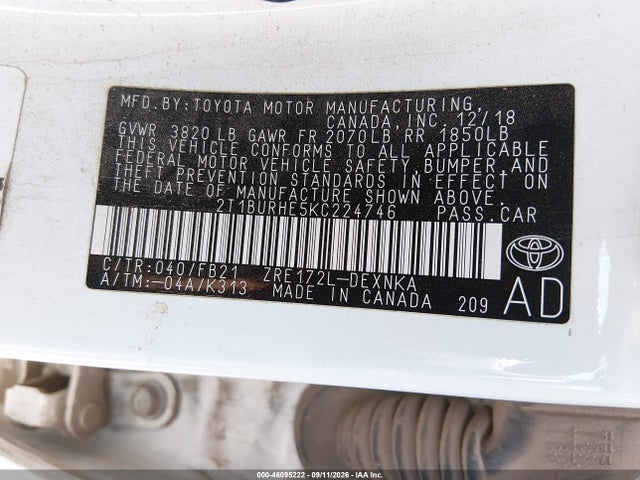 Aukcja sprzedaży 2019 Toyota Corolla Le, vin: 2T1BURHE5KC224746, numer aukcji: 46095222
