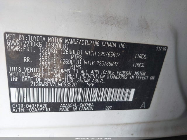 2020 Toyota Rav4 Hybrid Xle მანქანა იყიდება აუქციონზე, vin: 2T3RWRFV7LW053520, აუქციონის ნომერი: 46095230