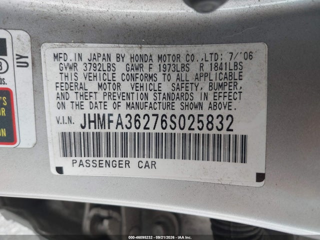 Aukcja sprzedaży 2006 Honda Civic Hybrid, vin: JHMFA36276S025832, numer aukcji: 46095232
