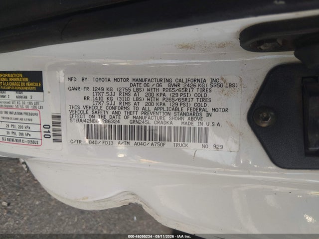 46095234 :رقم المزاد ، 5TEUU42N86Z286324 vin ، 2006 Toyota Tacoma Base V6 مزاد بيع