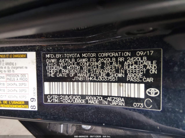 46095235 :رقم المزاد ، JTNB11HK4J3037551 vin ، 2018 Toyota Camry Se مزاد بيع