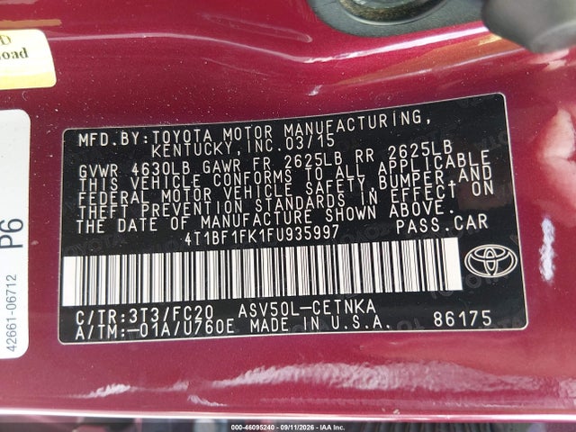 Продаж на аукціоні авто 2015 Toyota Camry Le, vin: 4T1BF1FK1FU935997, номер лоту: 46095240