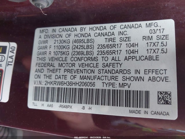 Auction sale of the 2017 Honda Cr-v Lx, vin: 2HKRW6H36HH206056, lot number: 46095241
