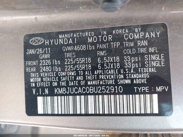 Aukcja sprzedaży 2011 Hyundai Tucson Limited, vin: KM8JUCAC0BU252910, numer aukcji: 46095248