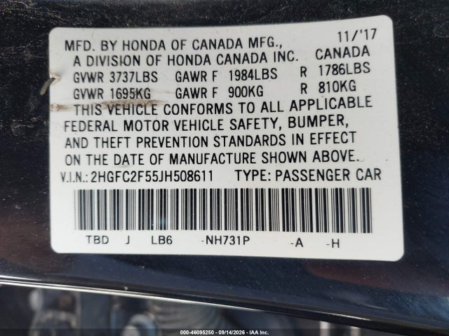 Honda Civic Lx 2018 2HGFC2F55JH508611 Image 9