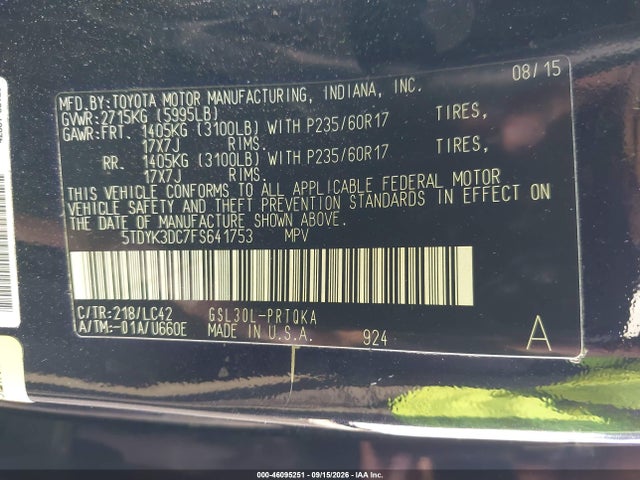 46095251 :رقم المزاد ، 5TDYK3DC7FS641753 vin ، 2015 Toyota Sienna Xle 8 Passenger مزاد بيع