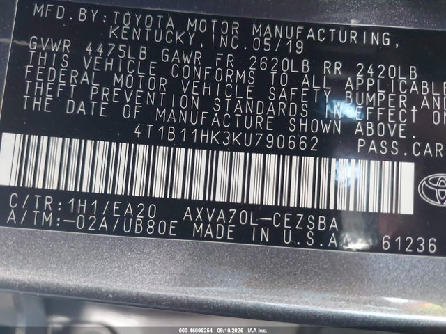 4T1B11HK3KU790662 Toyota CAMRY SE