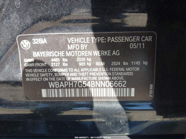 Aukcja sprzedaży 2011 Bmw 328i, vin: WBAPH7G54BNN06662, numer aukcji: 46095271