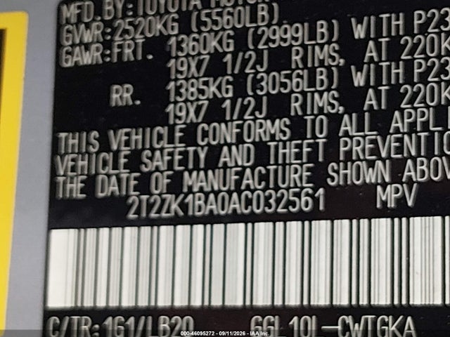 46095272 :رقم المزاد ، 2T2ZK1BA0AC032561 vin ، 2010 Lexus Rx 350 مزاد بيع
