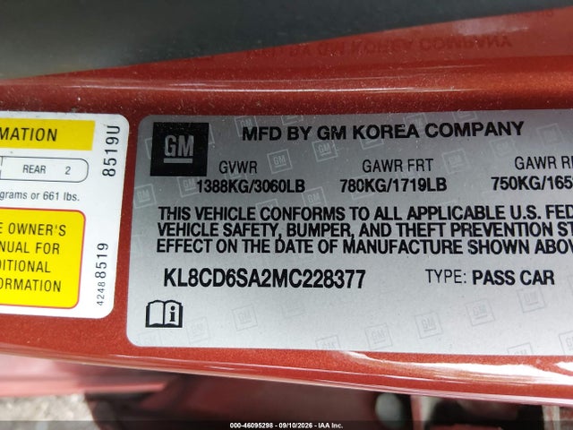 46095298 :رقم المزاد ، KL8CD6SA2MC228377 vin ، 2021 Chevrolet Spark Fwd 1lt Automatic مزاد بيع