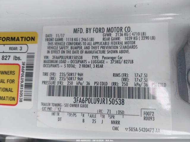 2018 Ford Fusion Hybrid Se მანქანა იყიდება აუქციონზე, vin: 3FA6P0LU9JR150538, აუქციონის ნომერი: 46095303