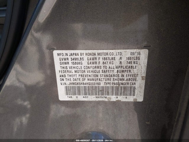 2017 Honda Fit Ex-l მანქანა იყიდება აუქციონზე, vin: JHMGK5H84HS003160, აუქციონის ნომერი: 46095307